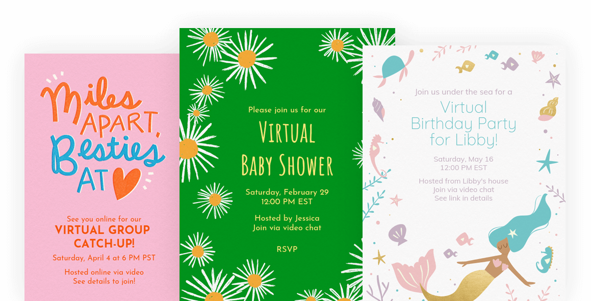 Three designs shown: Virtual Viewing Party, Virtual Baby Shower, and Virtual Birthday Party