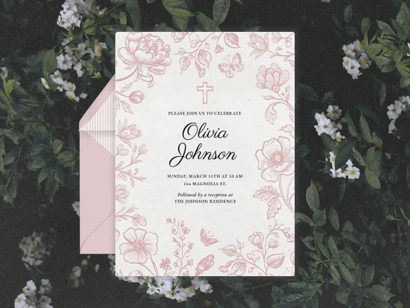 Pink Floating Blooms - first_communion - Invitation