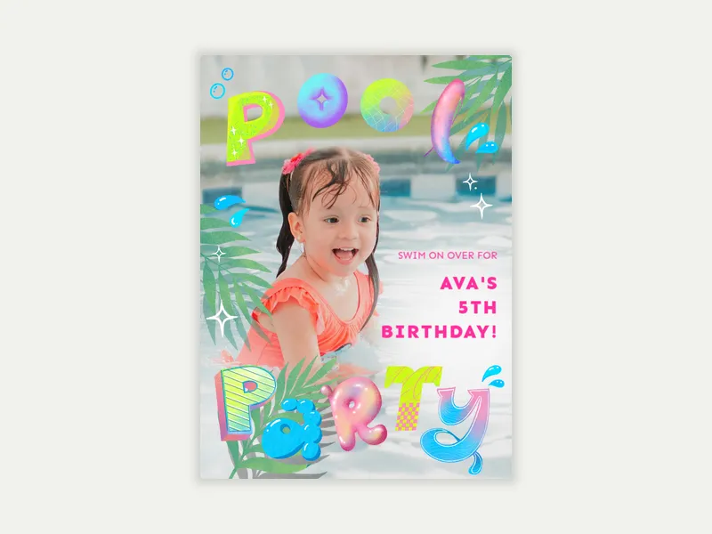 Palm Frond Pool Party (Photo) Invitation free template design
