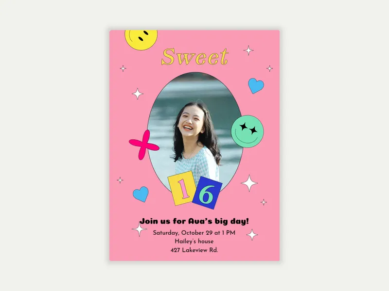 Smiley Face Sweet 16 (Photo) Invitation free template design