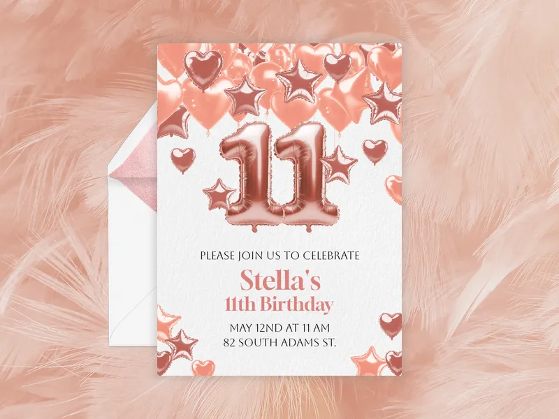 Rosy Jubilation Balloons - 11th_birthday - Invitation