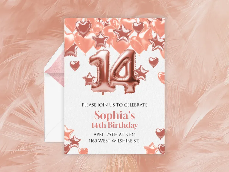 Rosy Jubilation Balloons - 14th_birthday - Invitation