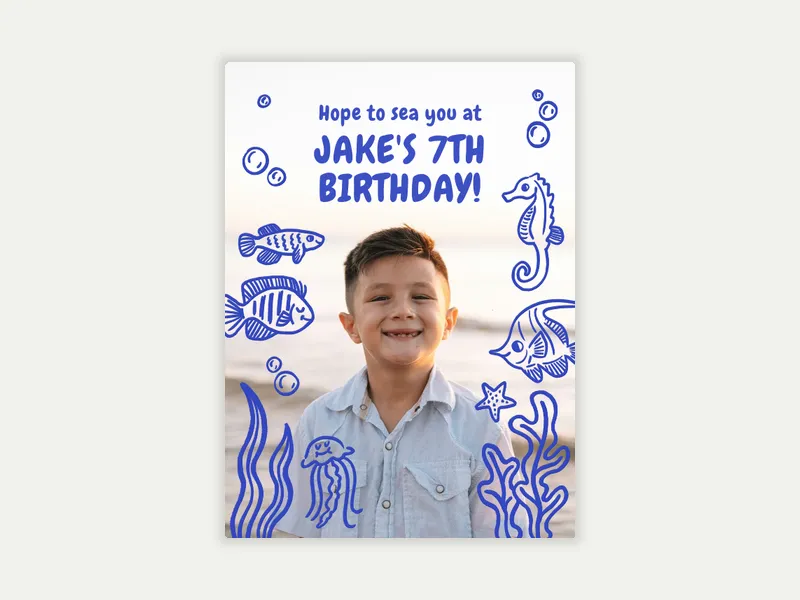 Blue Under the Sea Doodle (Photo) Invitation free template design