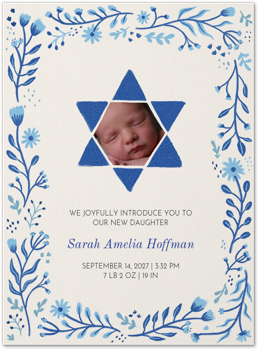 Blue Floral Star of David Birth Announcement Card