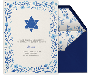Blue Floral Star of David Invitation