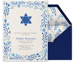 Blue Floral Star of David Invitation