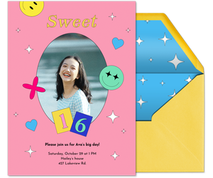 Pink Smiley Face Sweet 16 Invitation