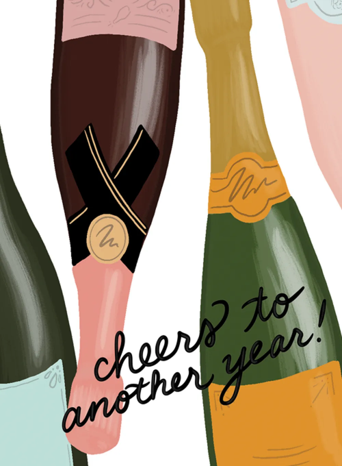 A close-up illustration of champagne and wine bottles clustered together, ideal for a New Year's Eve celebration or party.