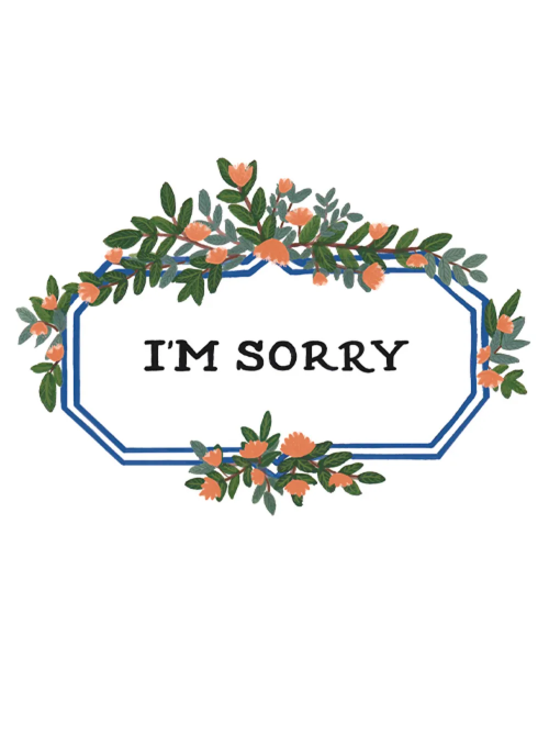 A blue geometric marquee frame adorned with orange flowers and green foliage on a white background, for an apology greeting card.