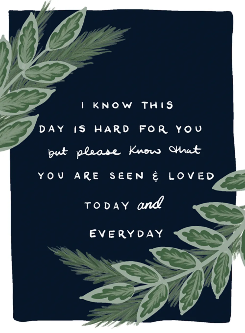 Illustrated green botanical leaves framing hand-lettered text on a deep navy background, for a sympathy or encouragement greeting card.