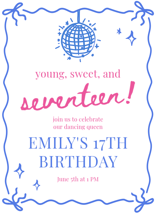 A hand-drawn disco ball with ribbon bows and sparkles inside a doodle border on a white background, for a teen birthday party invitation.