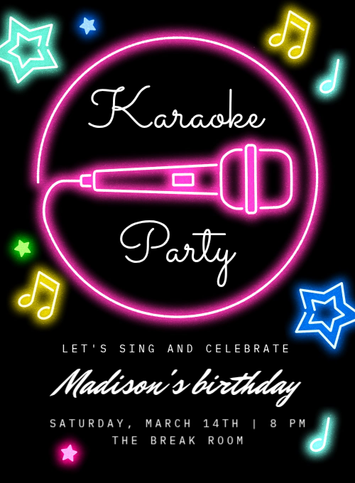 A neon pink microphone inside a glowing circle surrounded by colorful stars and musical notes on a black background, for a karaoke birthday party invitation.