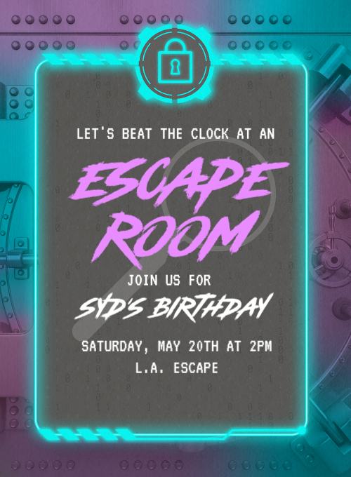 A neon-lit padlock icon above a metal panel with teal and purple glowing borders, for an escape room birthday party invitation.