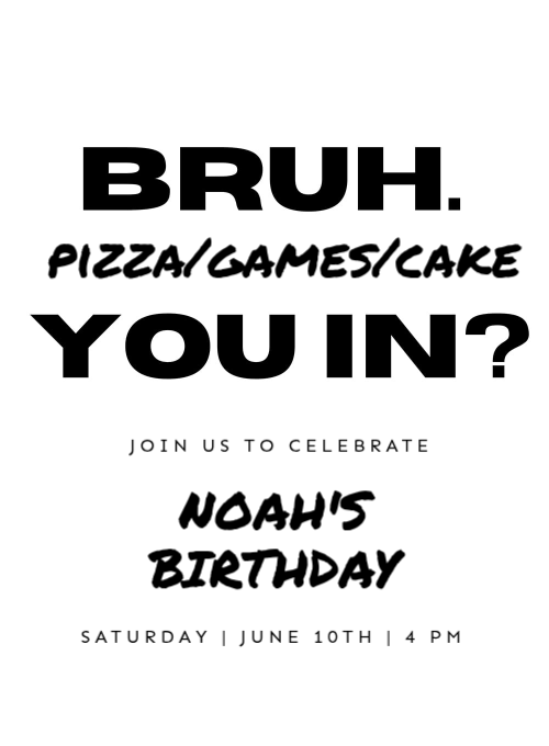 Bold black typography in a minimal streetwear-inspired layout on a white background, for a teen birthday party invitation.