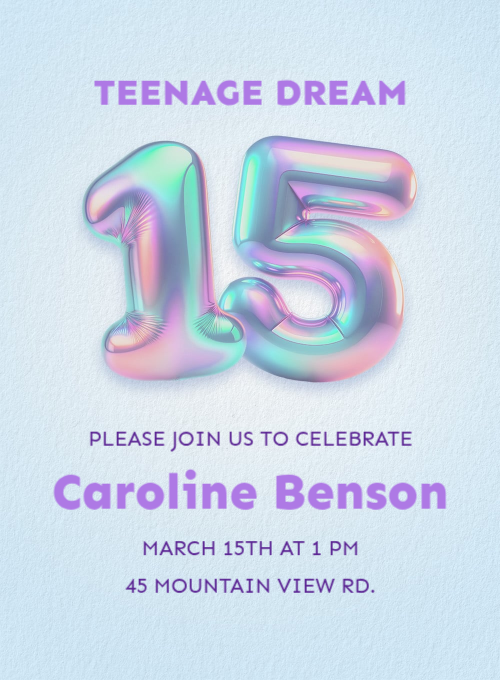 Large holographic iridescent balloon-style number 15 on a soft blue textured background, for a 15th birthday party invitation.