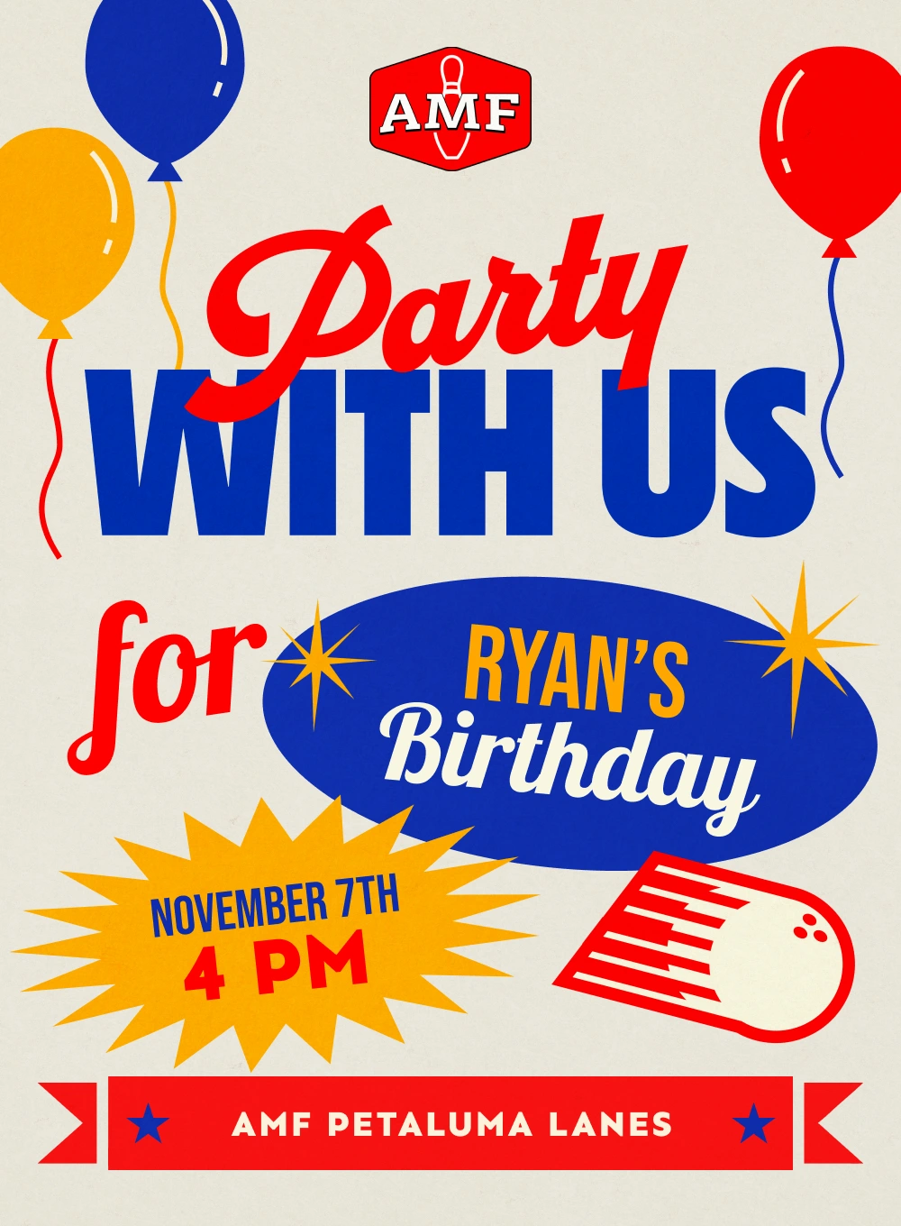 Cream background with red, blue, and yellow retro-style balloons, starburst badge, and bowling ball graphic, "Party With Us" birthday design.