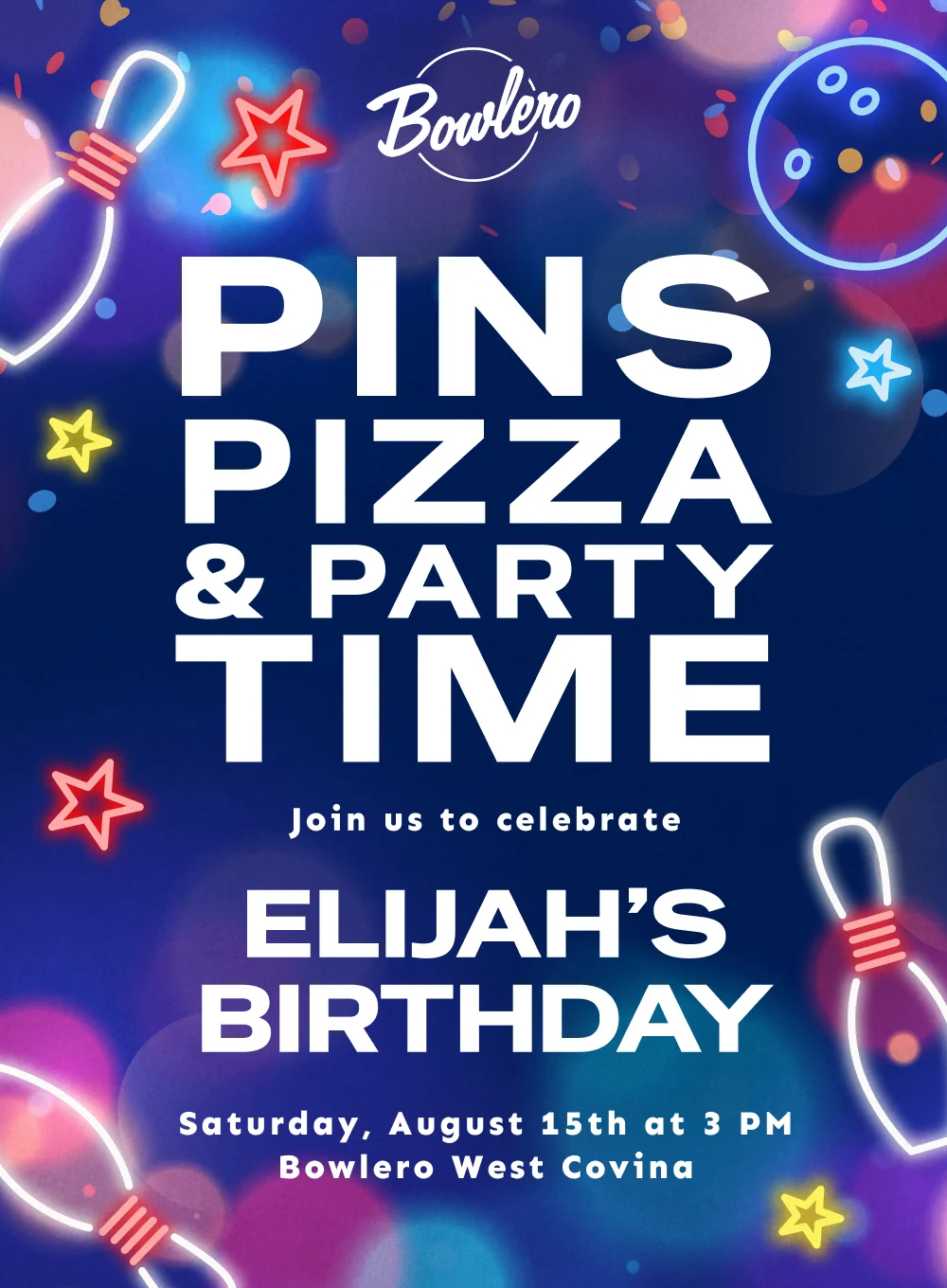 Dark blue background with glowing bowling pins, ball, and stars, "Pins, Pizza & Party Time" birthday celebration design.