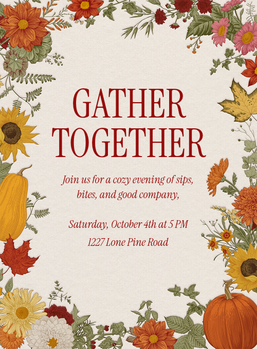 A cream invitation with a border of fall flowers, leaves, and pumpkins.