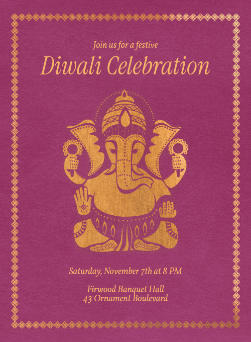 A fuchsia Diwali invitation with a gold Ganesha on it.