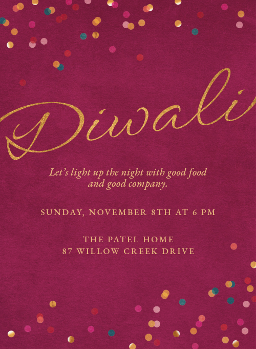 A deep magenta Diwali invitation with colorful confetti accents and gold lettering.