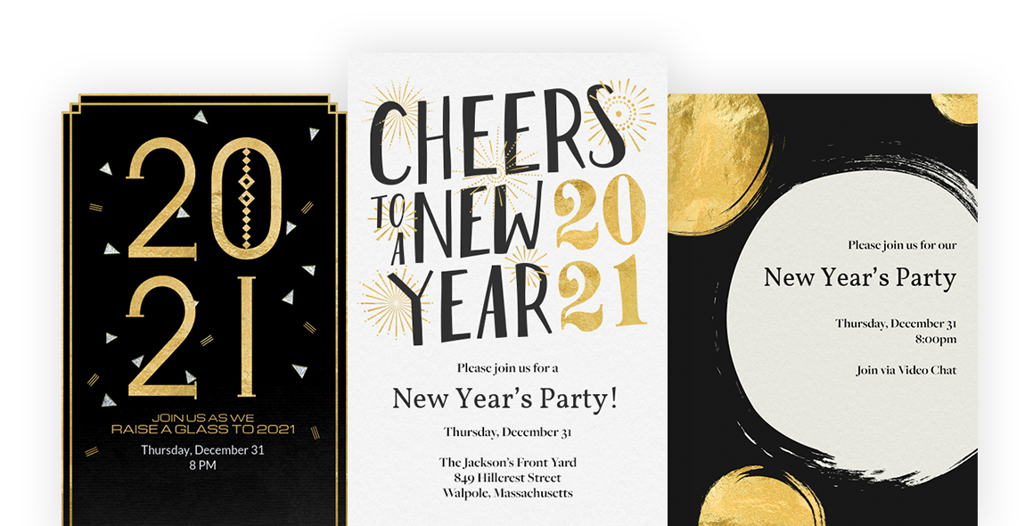 Three New Years Eve party designs shown