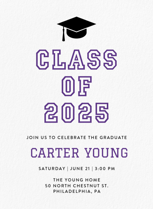 Varsity Grad Purple graduation invitation