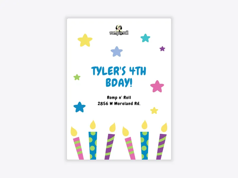 Romp n’ Roll: Colorful Birthday Candles - romp_n_roll - Invitation