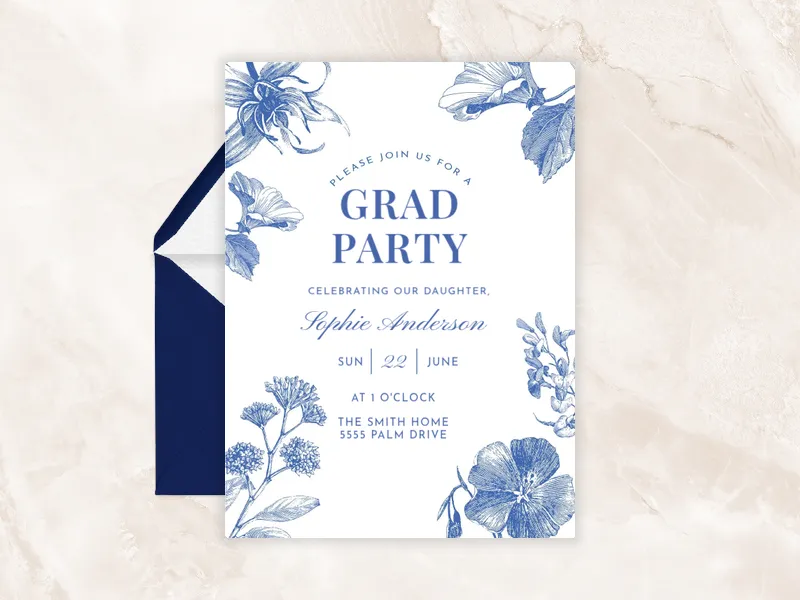 China Blue Floral Motif - graduation - Invitation