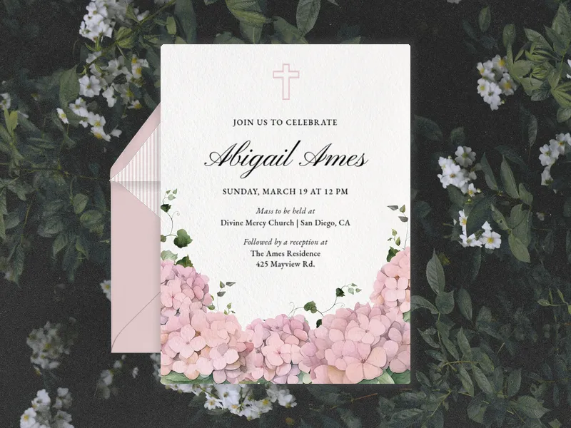 Pink Hydrangea Bunches - christening - Invitation
