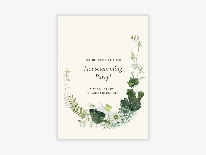 White Flowers & Greenery - housewarming - Invitation