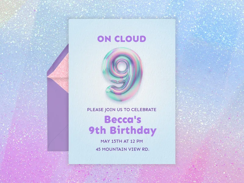 Holographic Balloons - 9th_birthday - Invitation