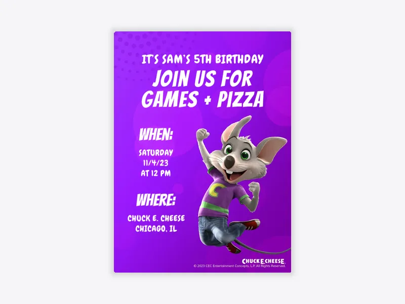 Chuck E Cheese: Charles Entertainment Cheese - 5th_birthday - Invitation