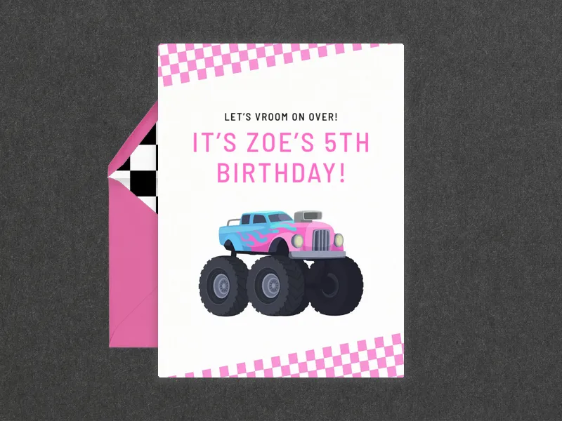 Pink & Blue Monster Truck Invitation premium template design
