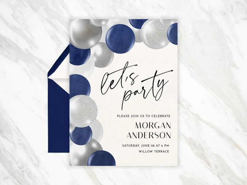 Navy Balloon Arch - birthday - Invitation
