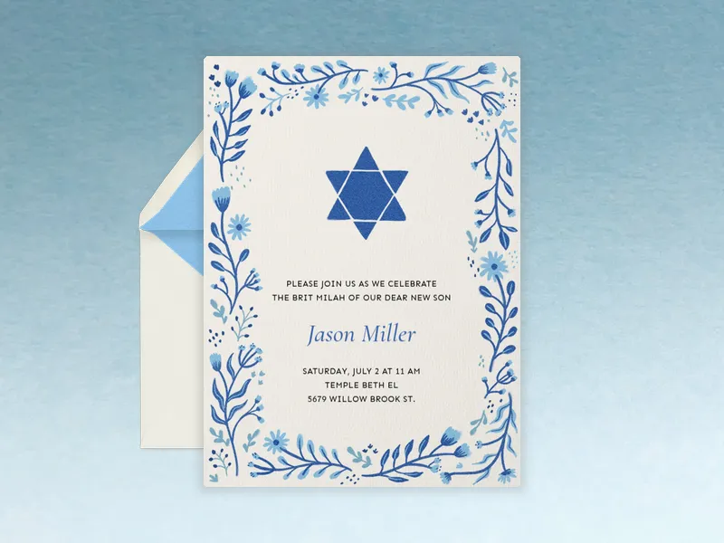 Blue Floral Star of David - baby_naming_bris - Invitation