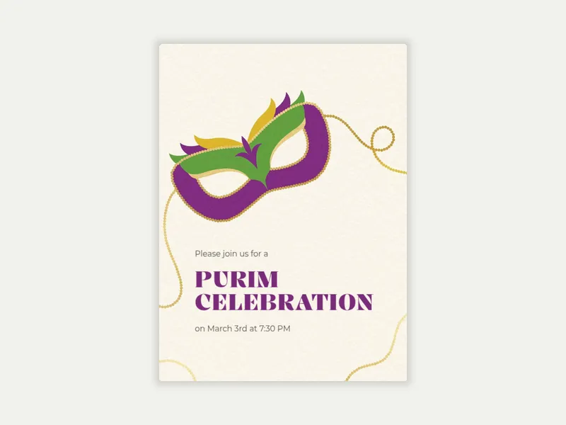 Purim Mask Masquerade - purim - Invitation