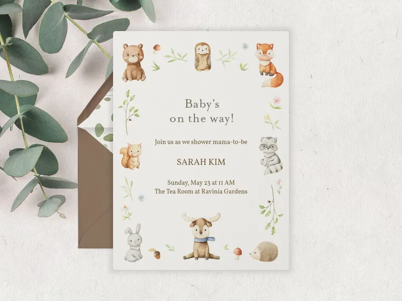 Watercolor Woodland Border - baby - Invitation