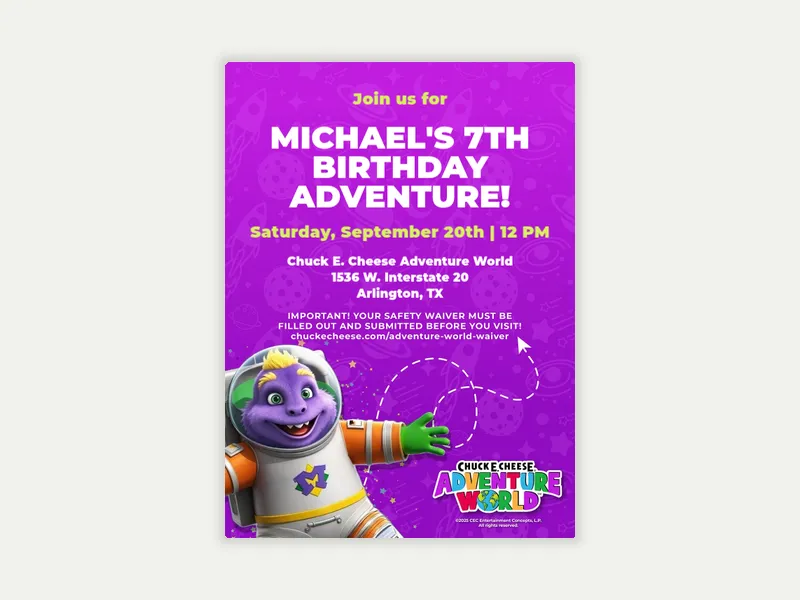 Chuck E. Cheese Adventure World: Space Adventure Invitation free template design