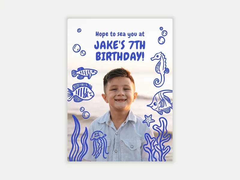 Blue Under the Sea Doodle (Photo) Invitation free template design