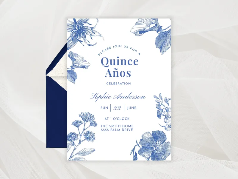 China Blue Floral Motif - quinceanera - Invitation