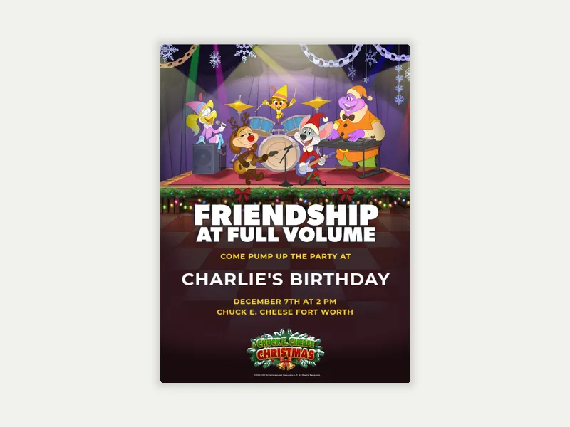 Chuck E. Cheese Christmas: Full Volume Invitation free template design
