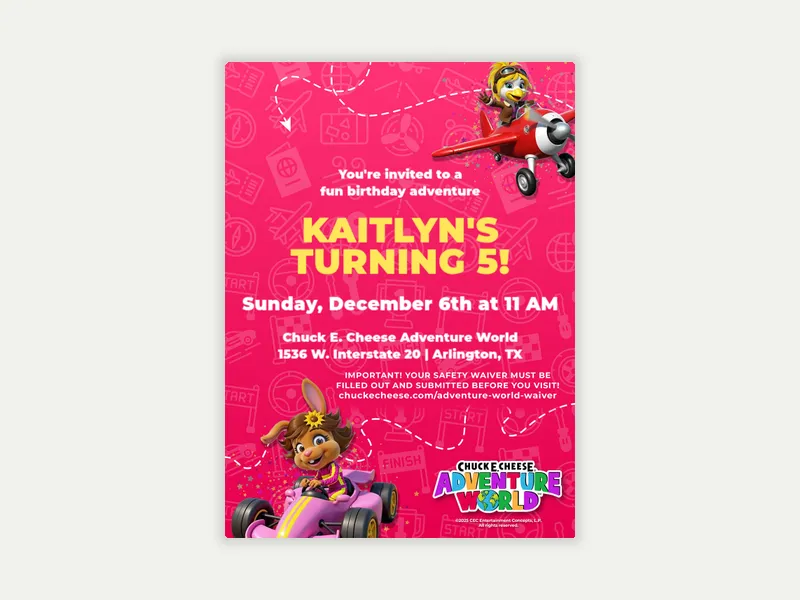 Chuck E. Cheese Adventure World: Playtime Pals Invitation free template design