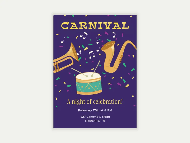 Mardi Gras Music Invitation free template design