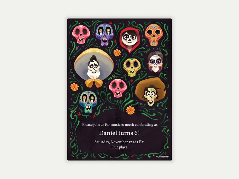 Disney and Pixar’s Coco: Marigolds & Skulls Invitation free template design