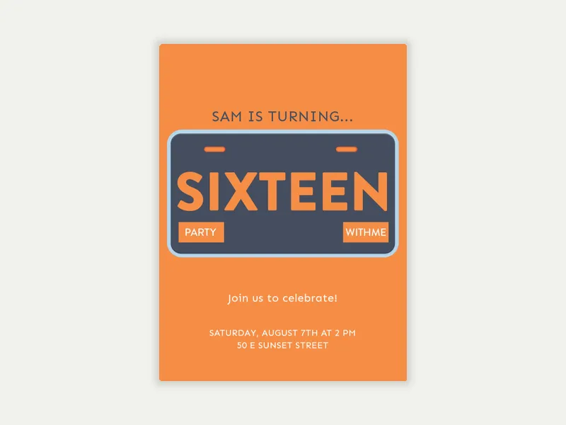 Orange Sixteen License Plate - sweet_sixteen - Invitation