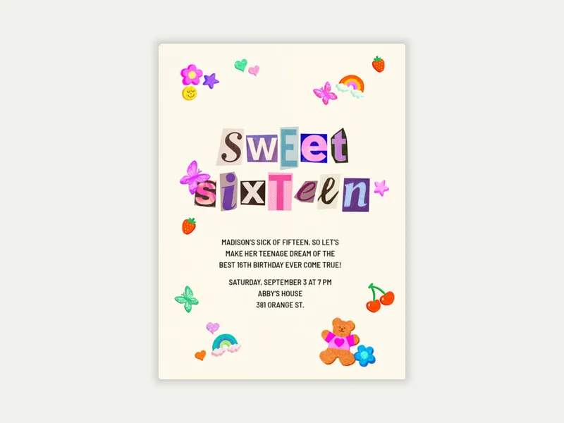 Sweet Sixteen Letter Collage Invitation free template design