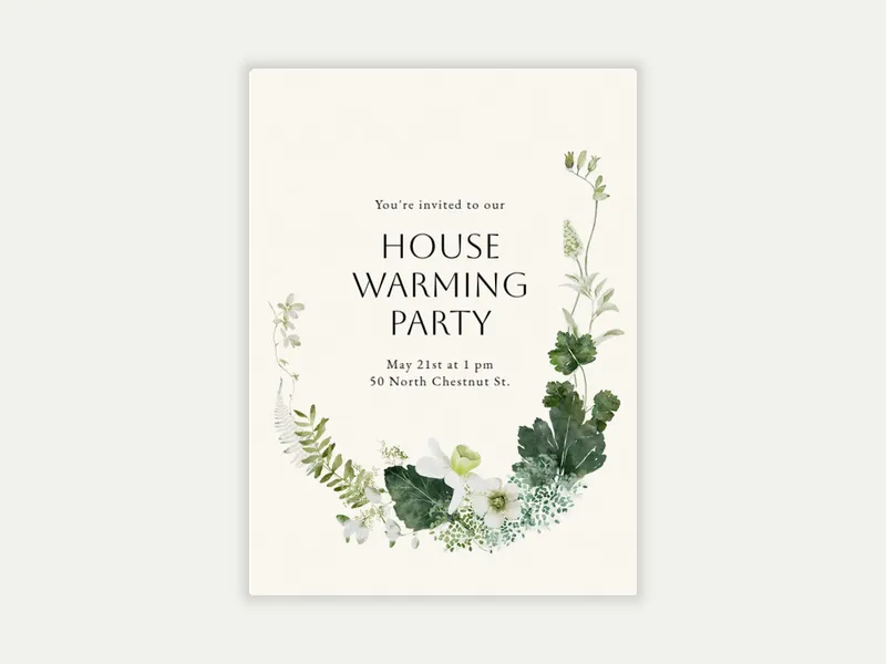 White Flowers & Greenery Wreath - housewarming - Invitation