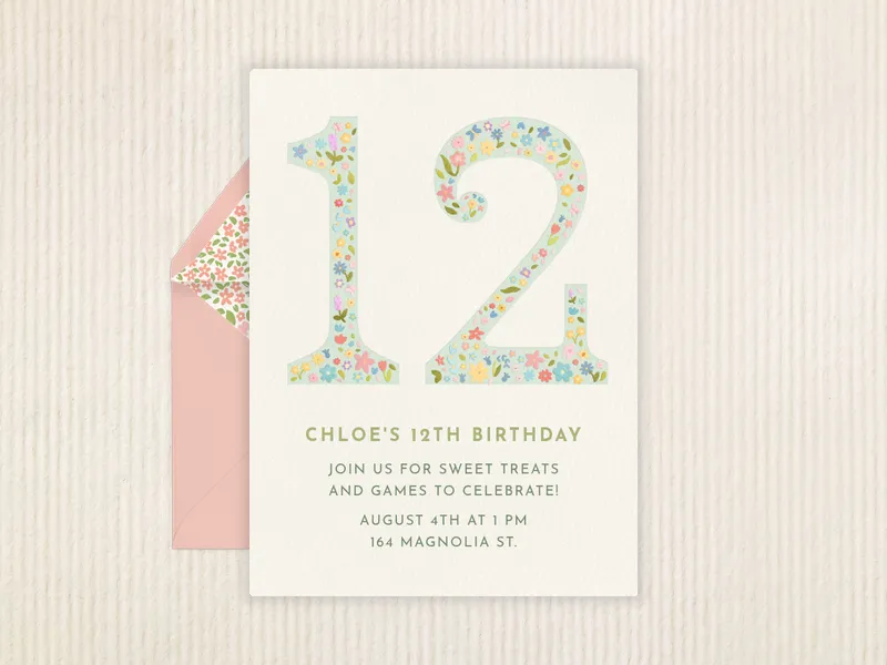 Floral Whimsical Number - 12th_birthday - Invitation