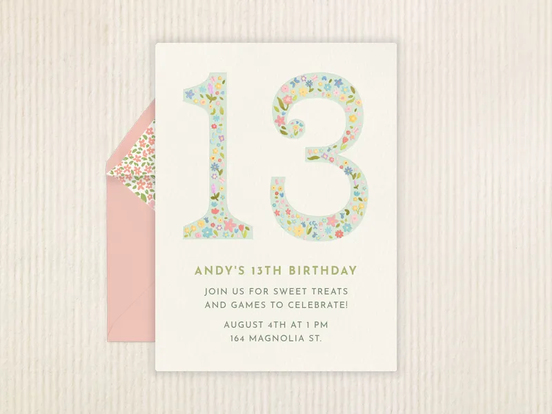 Floral Whimsical Number - 13th_birthday - Invitation