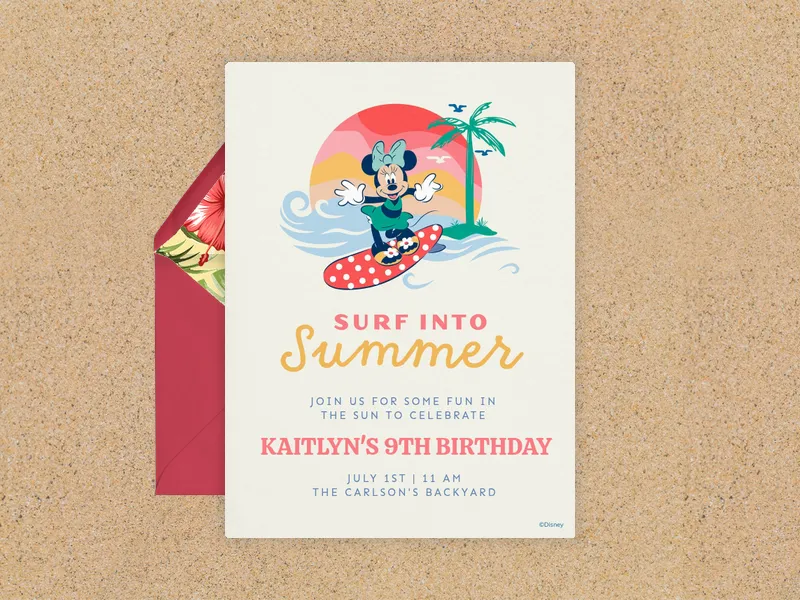 Disney’s Minnie Mouse: Summer Surfin’ Invitation premium template design
